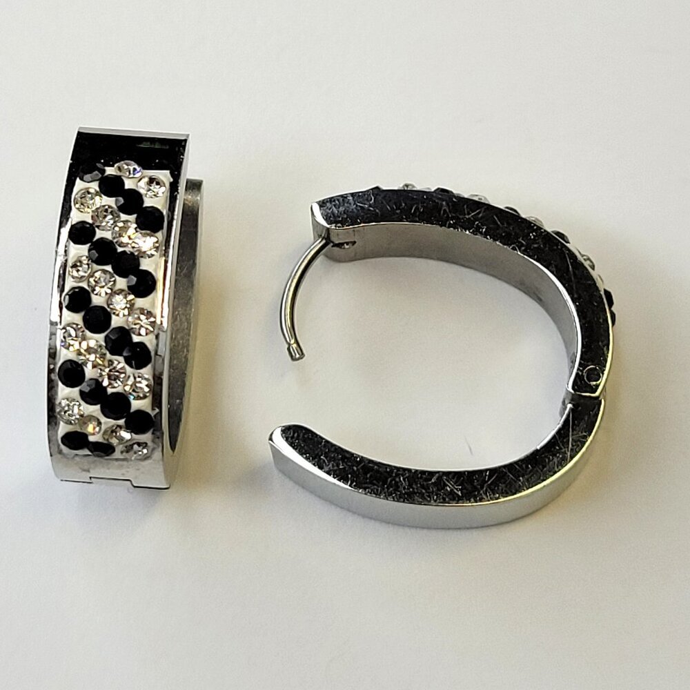 Silver Tone and Black Rhinestone Huggie Hoops Earrings